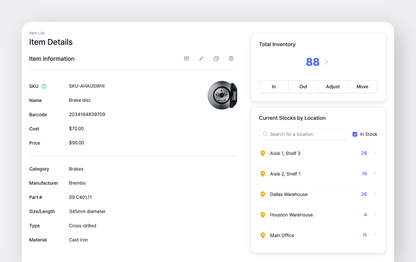 BoxHero Desktop UI: Item Information of a Brake Disc with Detailed Custom Attributes