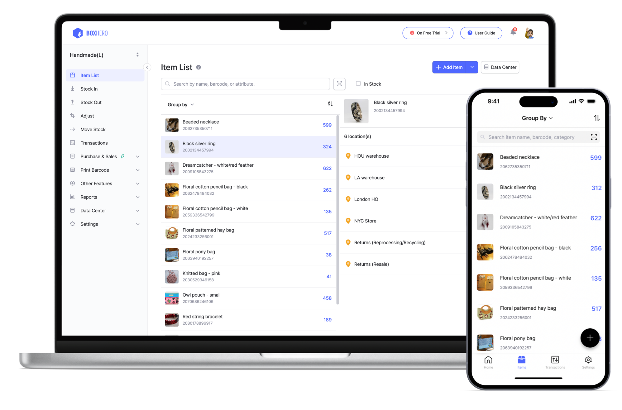 BoxHero Item List UI Screens on the Desktop and Mobile App