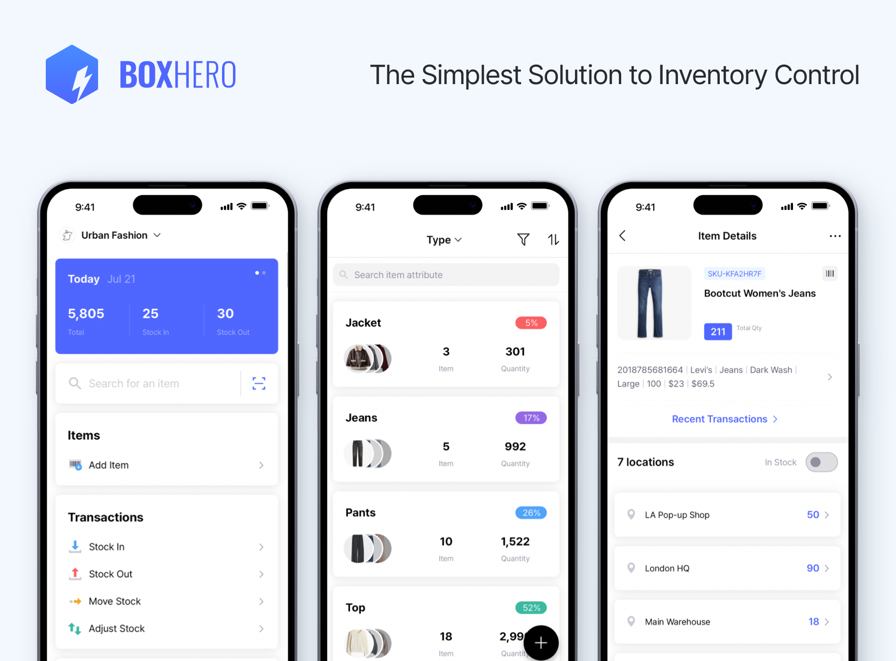Mobile app screens from BoxHero showing inventory actions, item list, and item details