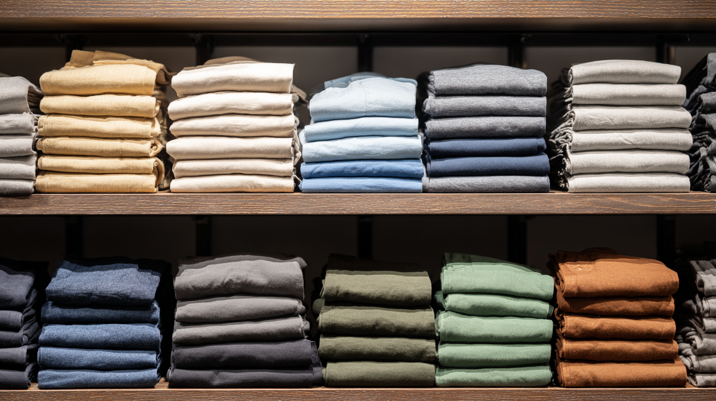 Folded pants stacked neatly on retail shelves by color and style