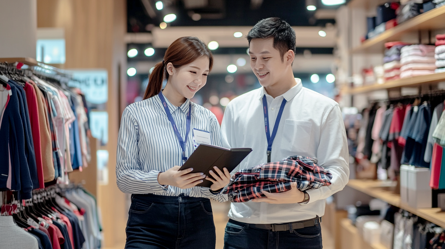 Two fashion store employees reviewing information on a tablet while organizing folded clothes.