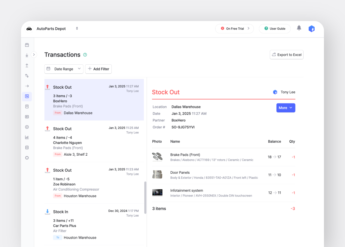 BoxHero's Transactions Feature UX/UI with Stock Out Detail
