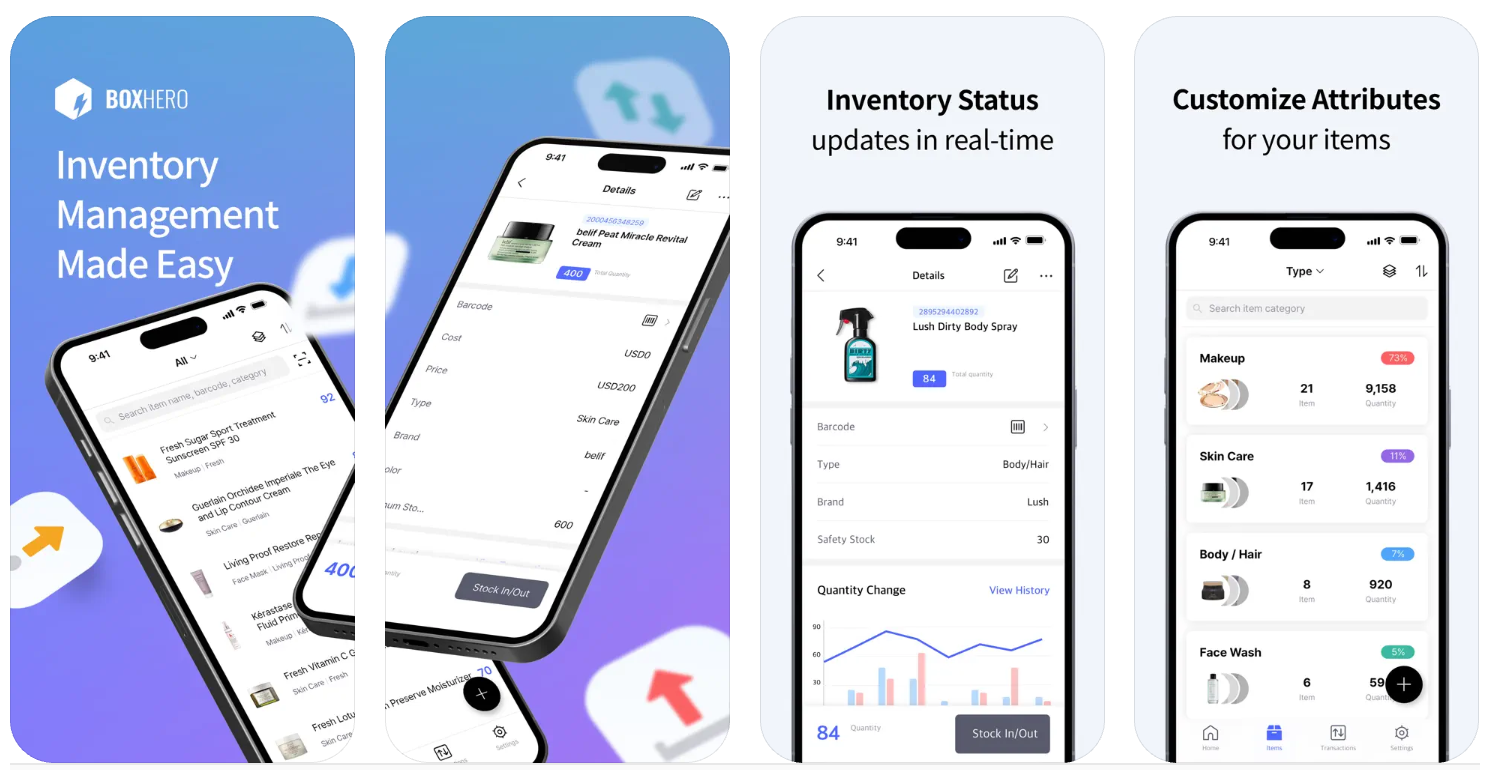 BoxHero mobile app screenshots showing real-time inventory status, item details, and category-based tracking with a focus on barcode scanning, item attributes, and stock quantity history.