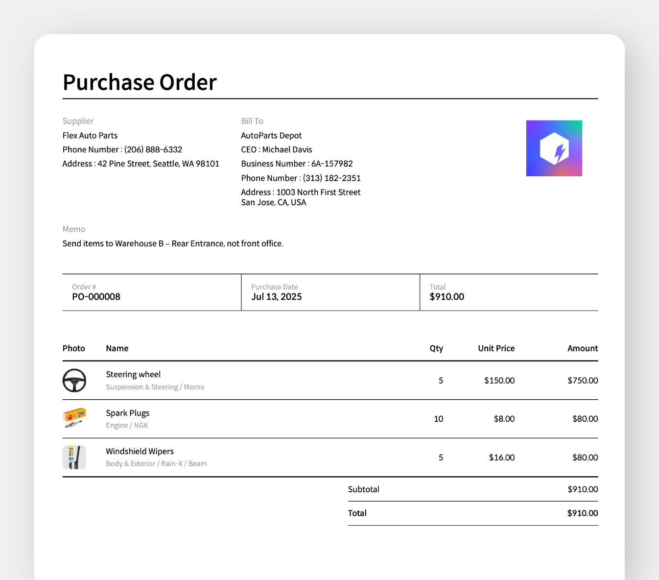 Purchase order PDF generated in BoxHero with item and supplier details