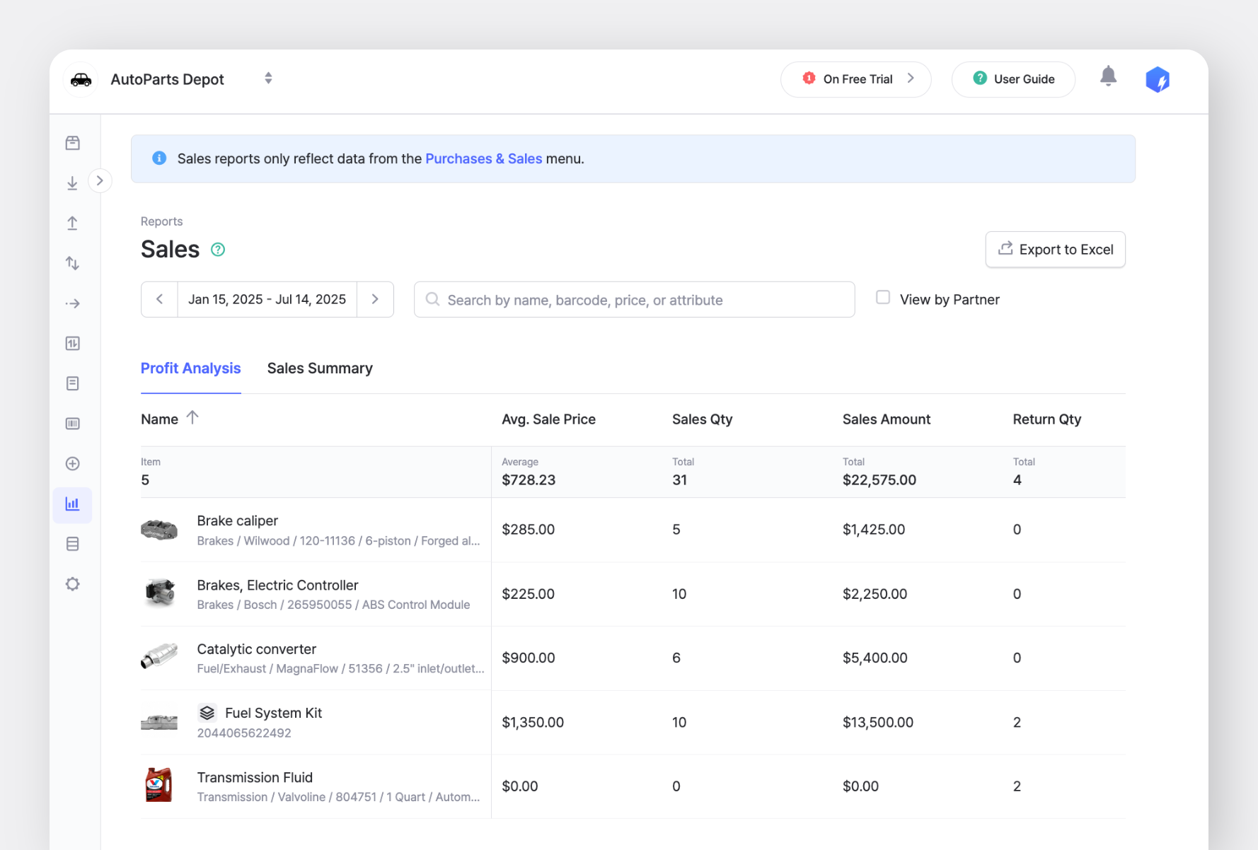 BoxHero sales report with profit analysis for auto parts inventory