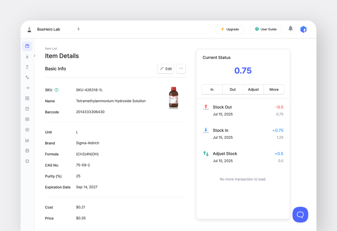 BoxHero Web Item Details Screen
