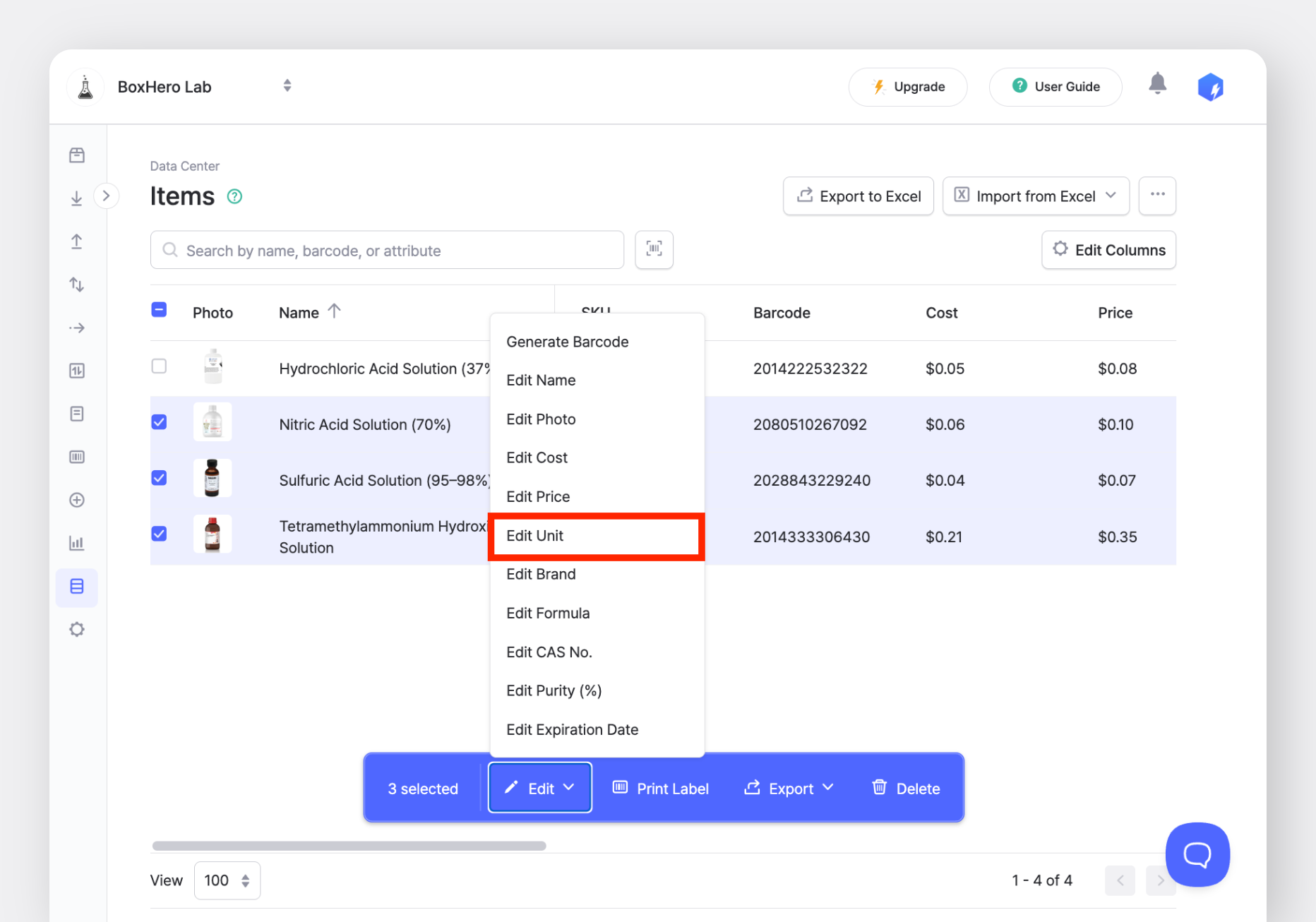 BoxHero Web: Data Center > Items