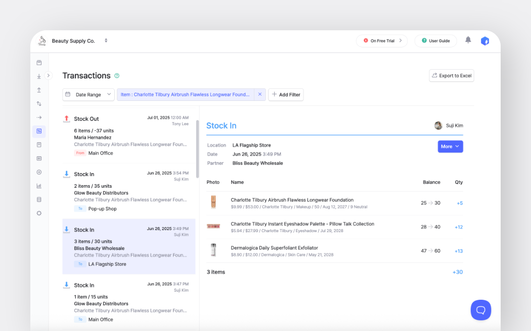 Screenshot of BoxHero’s web-based inventory transaction screen showing stock in and stock out records, item details, and quantity changes for a beauty supply company.