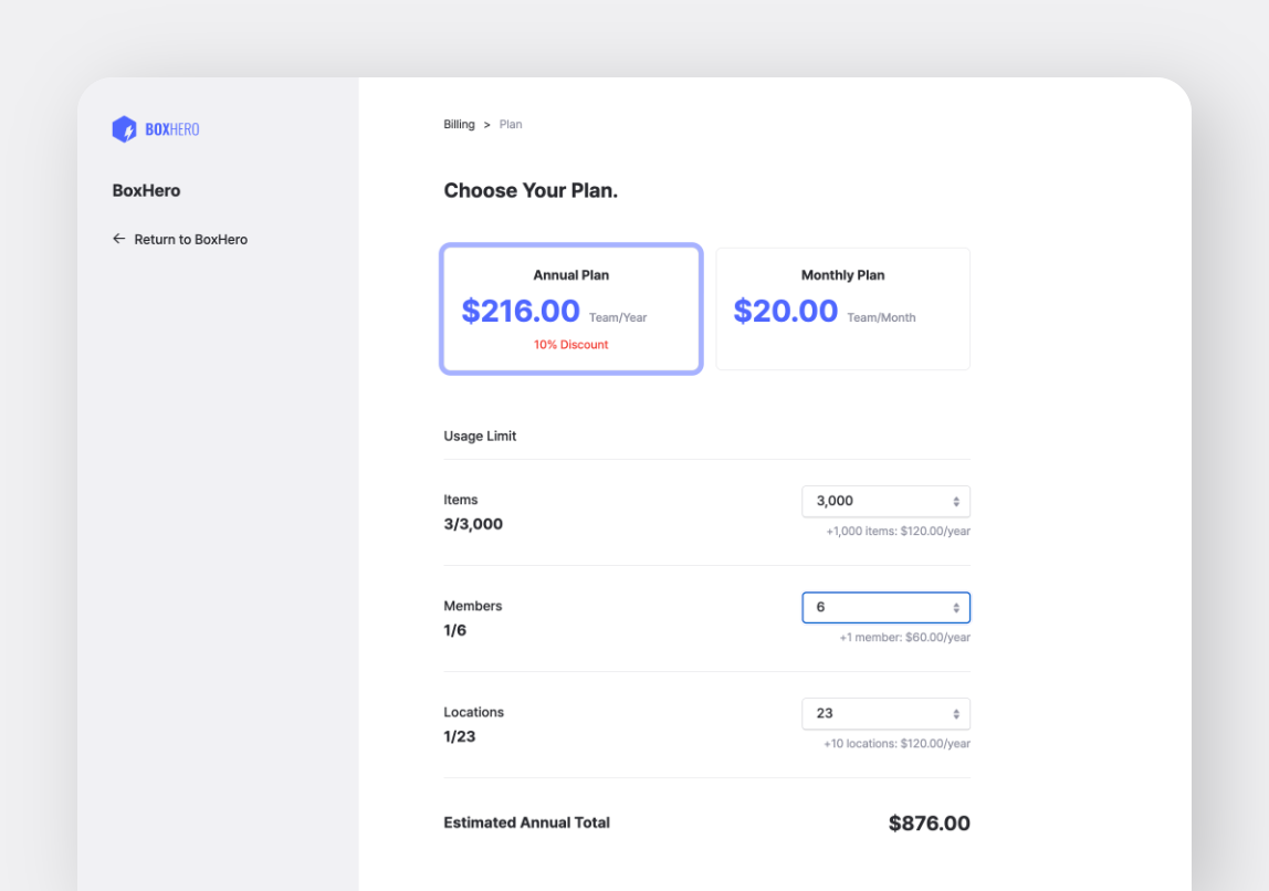BoxHero Billing Screen - Choosing Your Plan
