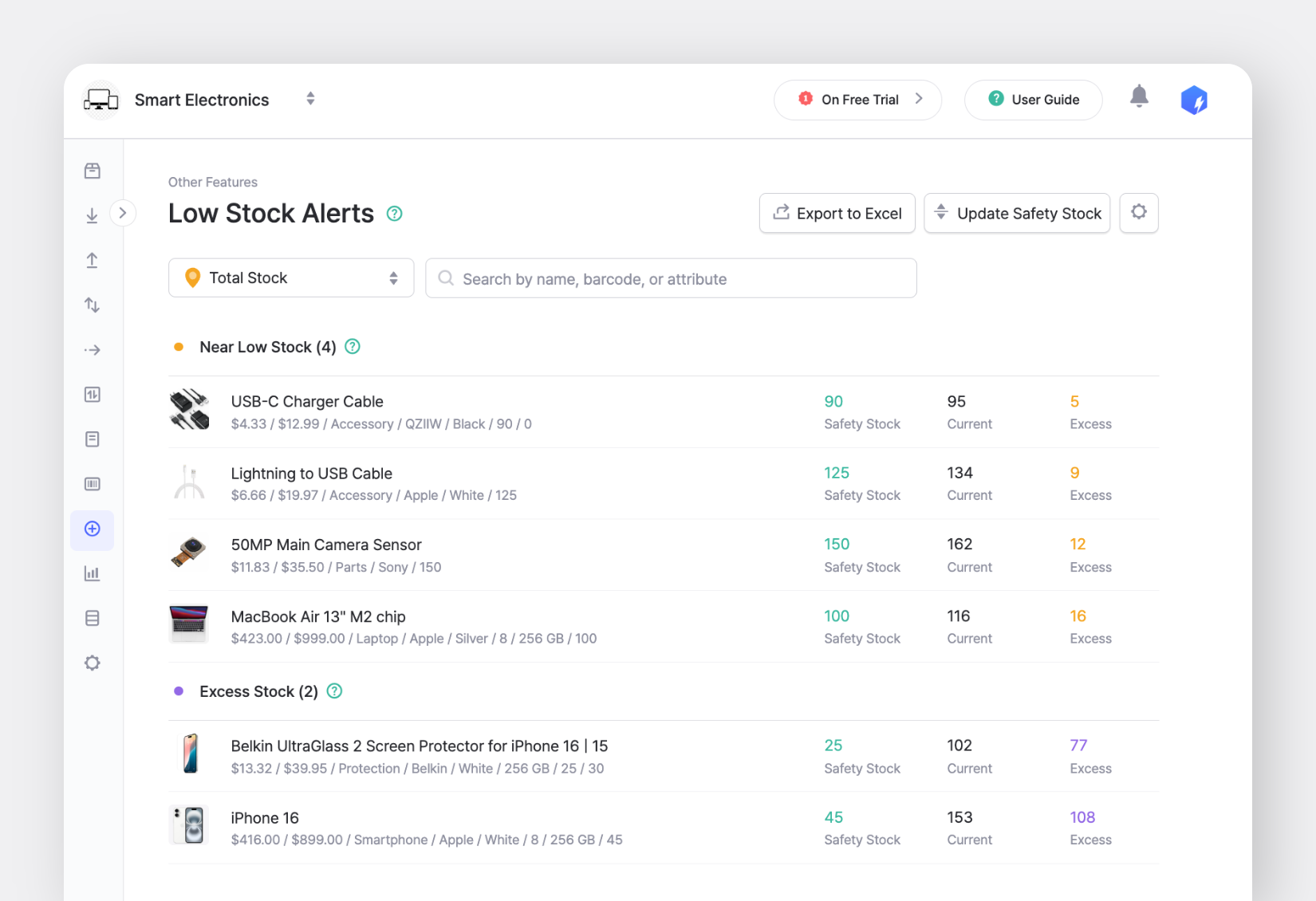 BoxHero inventory dashboard with low stock alerts and safety stock tracking
