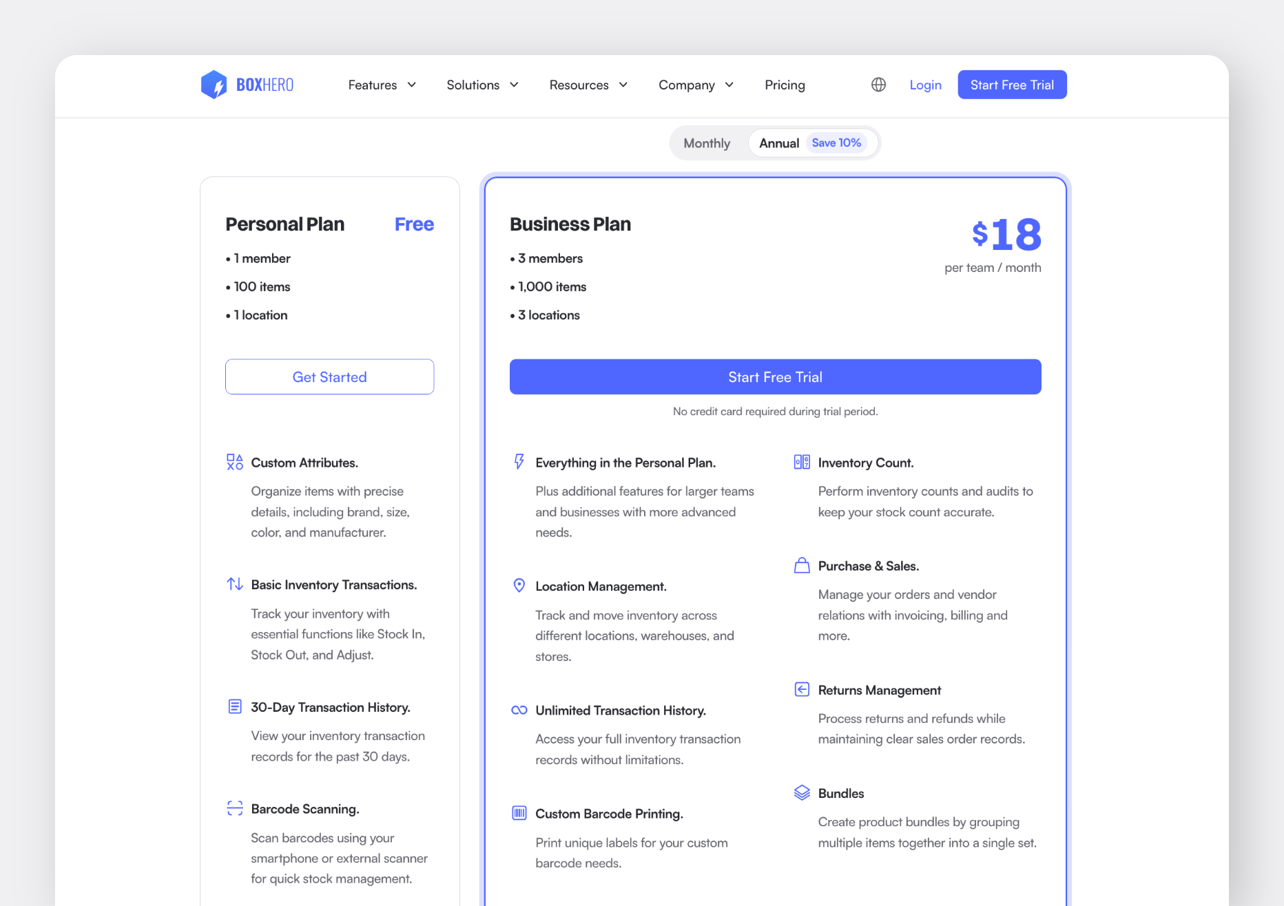 BoxHero Pricing Page Screenshot: Personal Plan vs. Business Plan