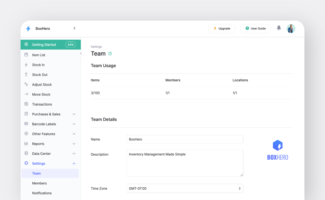 BoxHero Team Usage Details in Settings