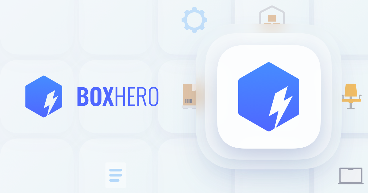 BoxHero wordmark and hexagon lightning-bolt app icon on a soft tile background with logistics icons.