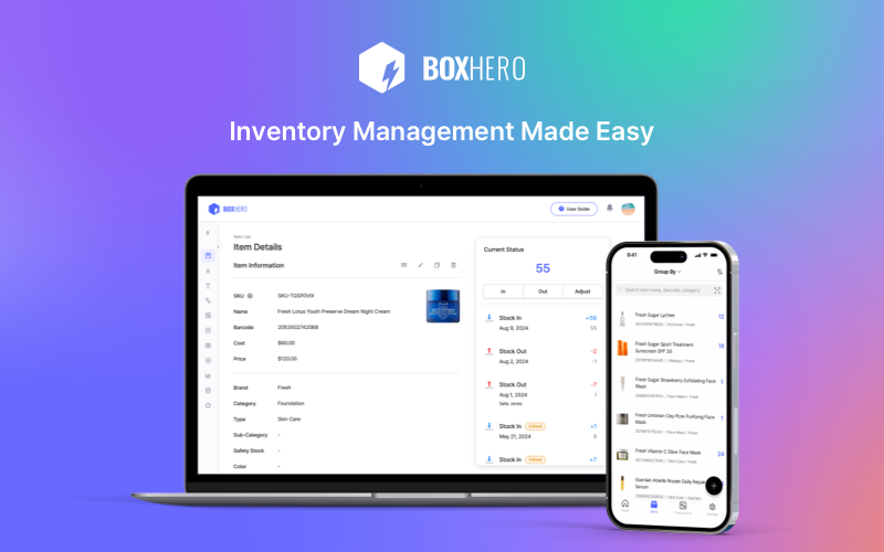 BoxHero logo and headline “Inventory Management Made Easy” with a laptop and phone showing item details and stock activity.