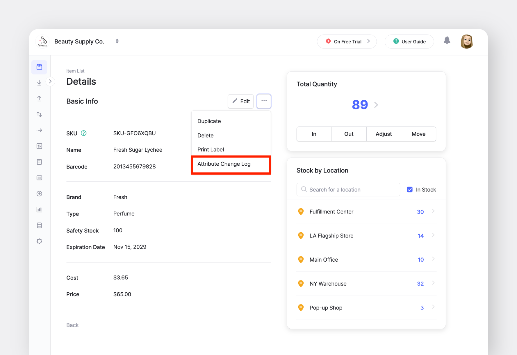 BoxHero item details screen with option to access attribute change log from the More button.
