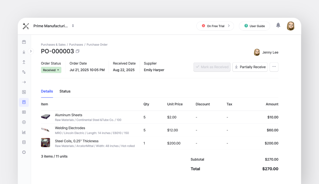 BoxHero Web: Purchase Order with Order Date and Received Date Details from Supplier