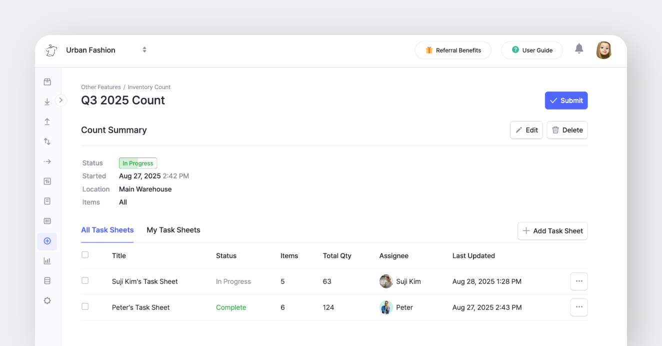 BoxHero Web Screen: Inventory Count Feature with Task Sheets