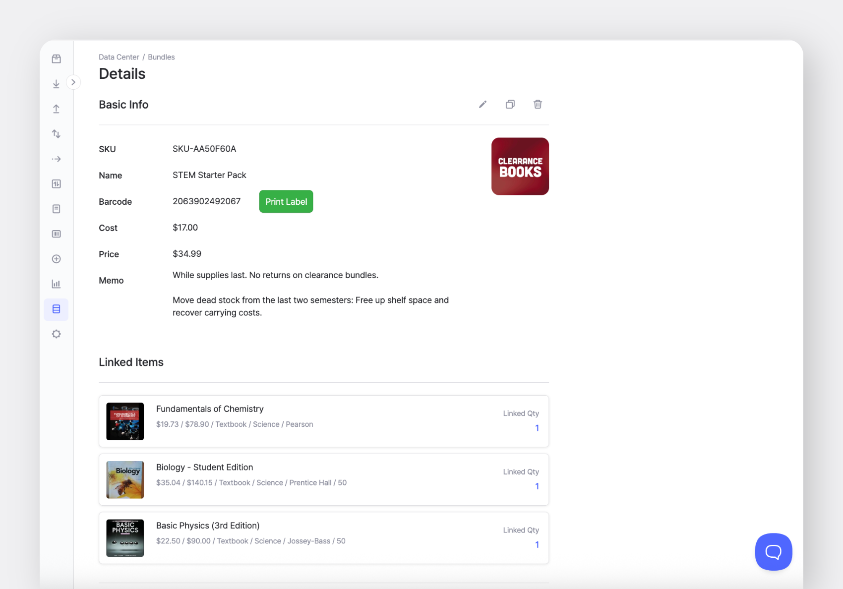 BoxHero Web Screenshot: Bundle Details for "Stem Starter Pack" textbooks