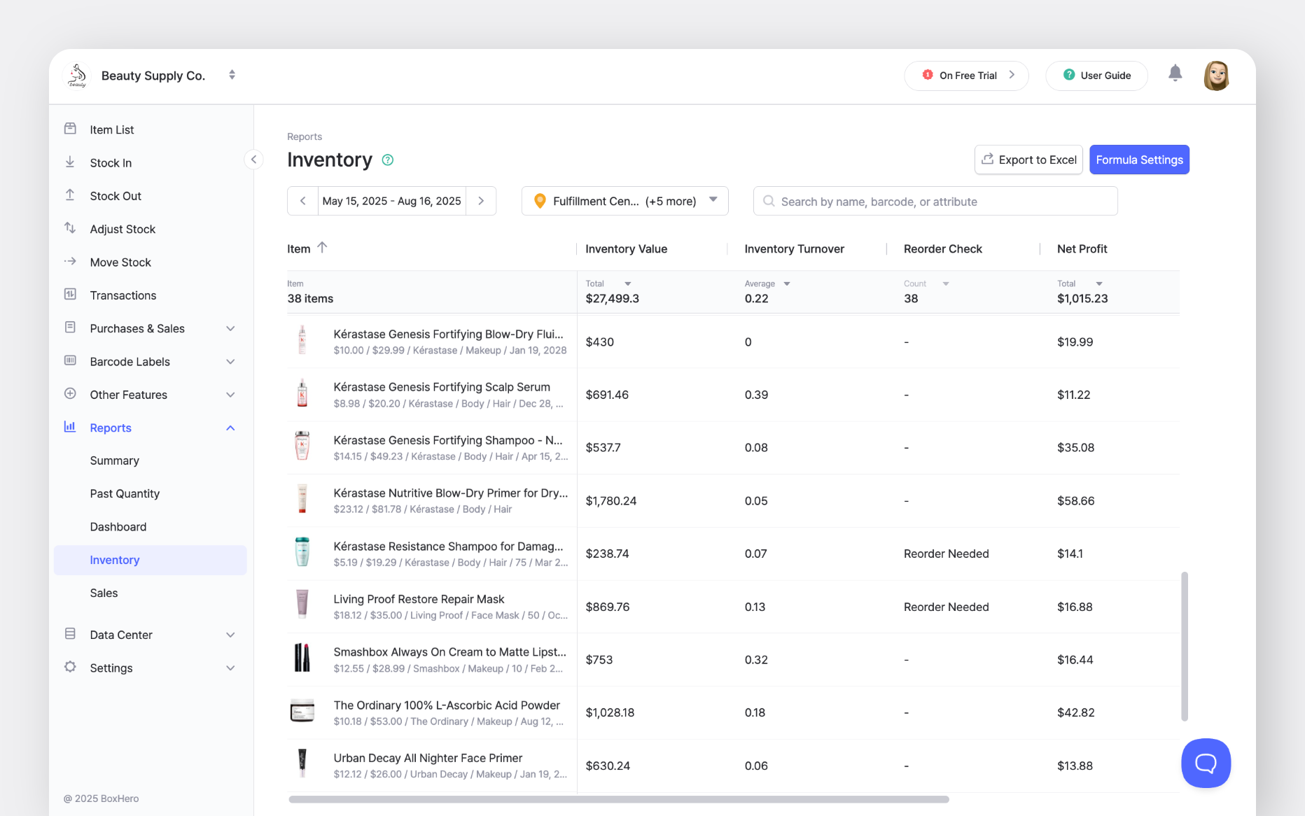 BoxHero Web UI: Inventory Reports Table with Reorder Check Column