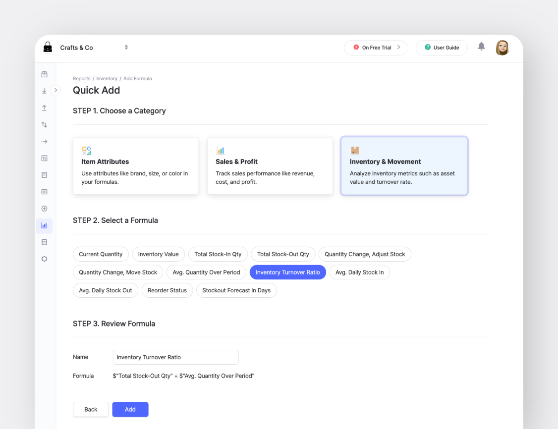 BoxHero "Quick Add" reports screen: choose category (Inventory & Movement), select formula (Inventory Turnover Ratio), and review formula fields.