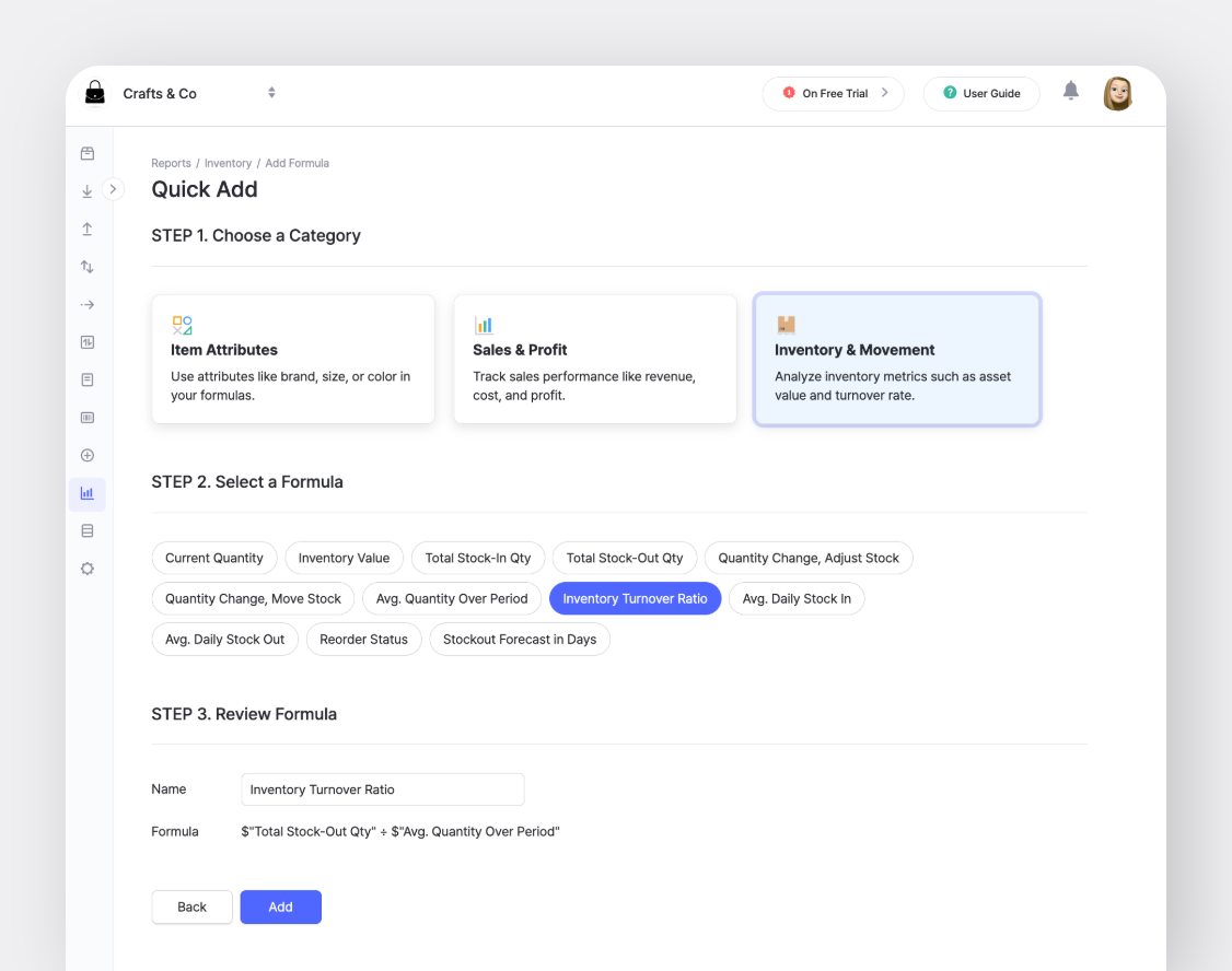 BoxHero's Web UI: Reports > Add Formula > Inventory Turnover Ratio