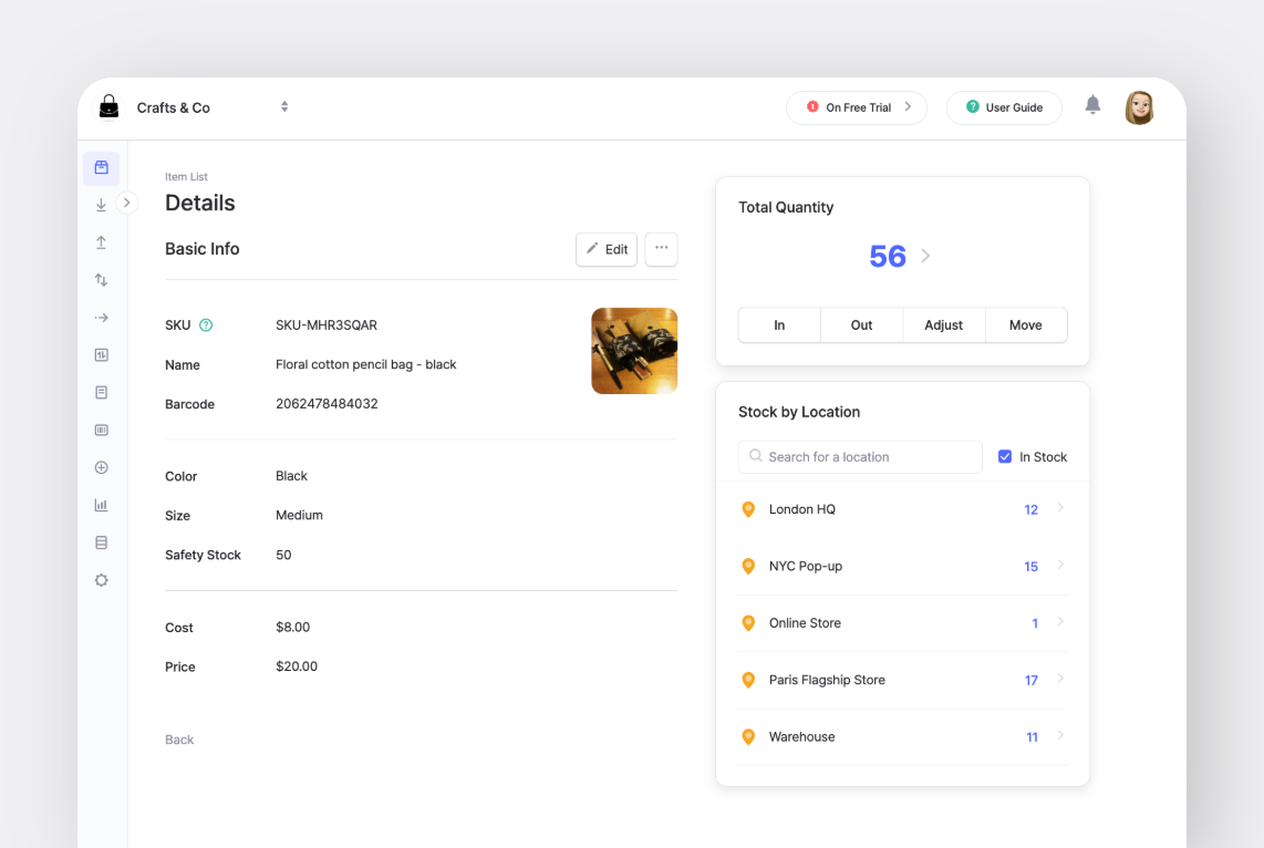 BoxHero item details page for “Floral cotton pencil bag - black” showing SKU, barcode, cost/price, and stock-by-location (total 56).