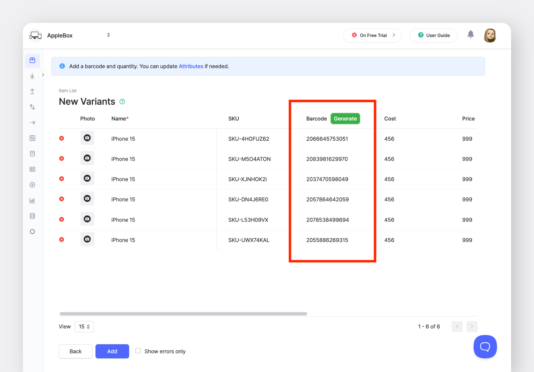 BoxHero Web: New Item Variants with Generated Barcodes
