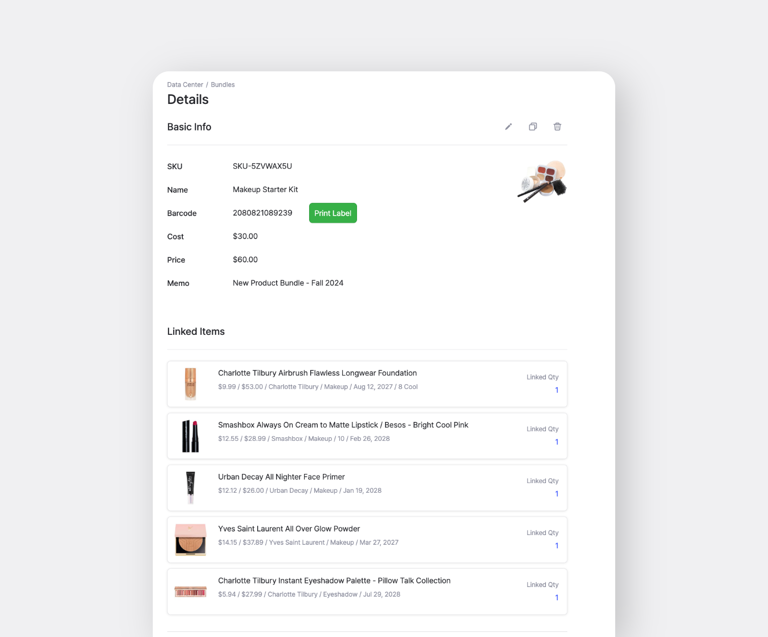 Bundle Details of a Makeup Starter Kit registered in BoxHero