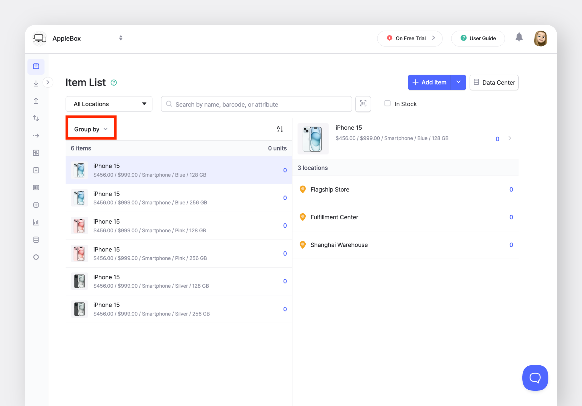 BoxHero Web: Item List with Group by function