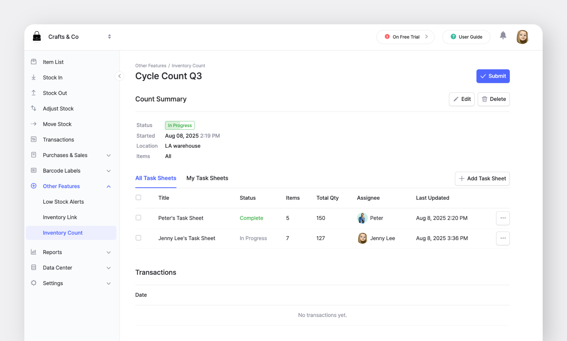 BoxHero Web Screenshot: Inventory Count with Open Task Sheets