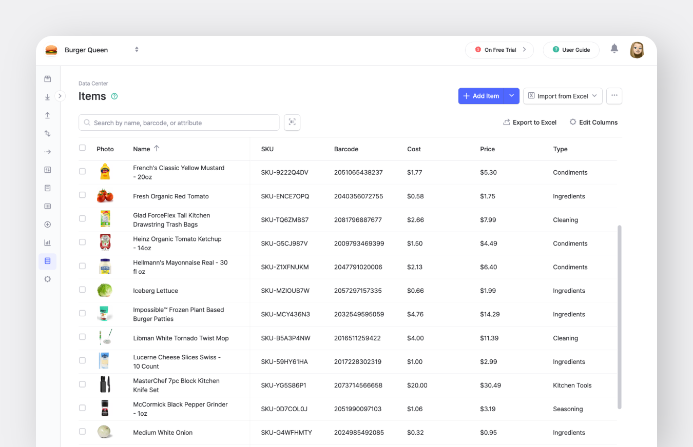 Sample Inventory of a Burger Chain in BoxHero