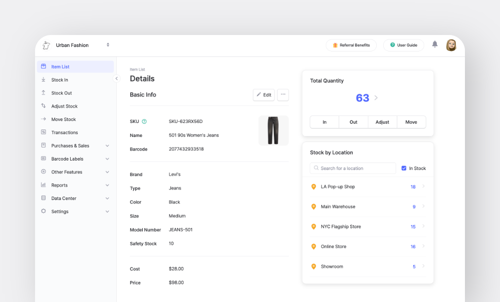 Item details screen for "501 90s Women's Jeans" showing SKU, barcode, and stock-by-location panel.