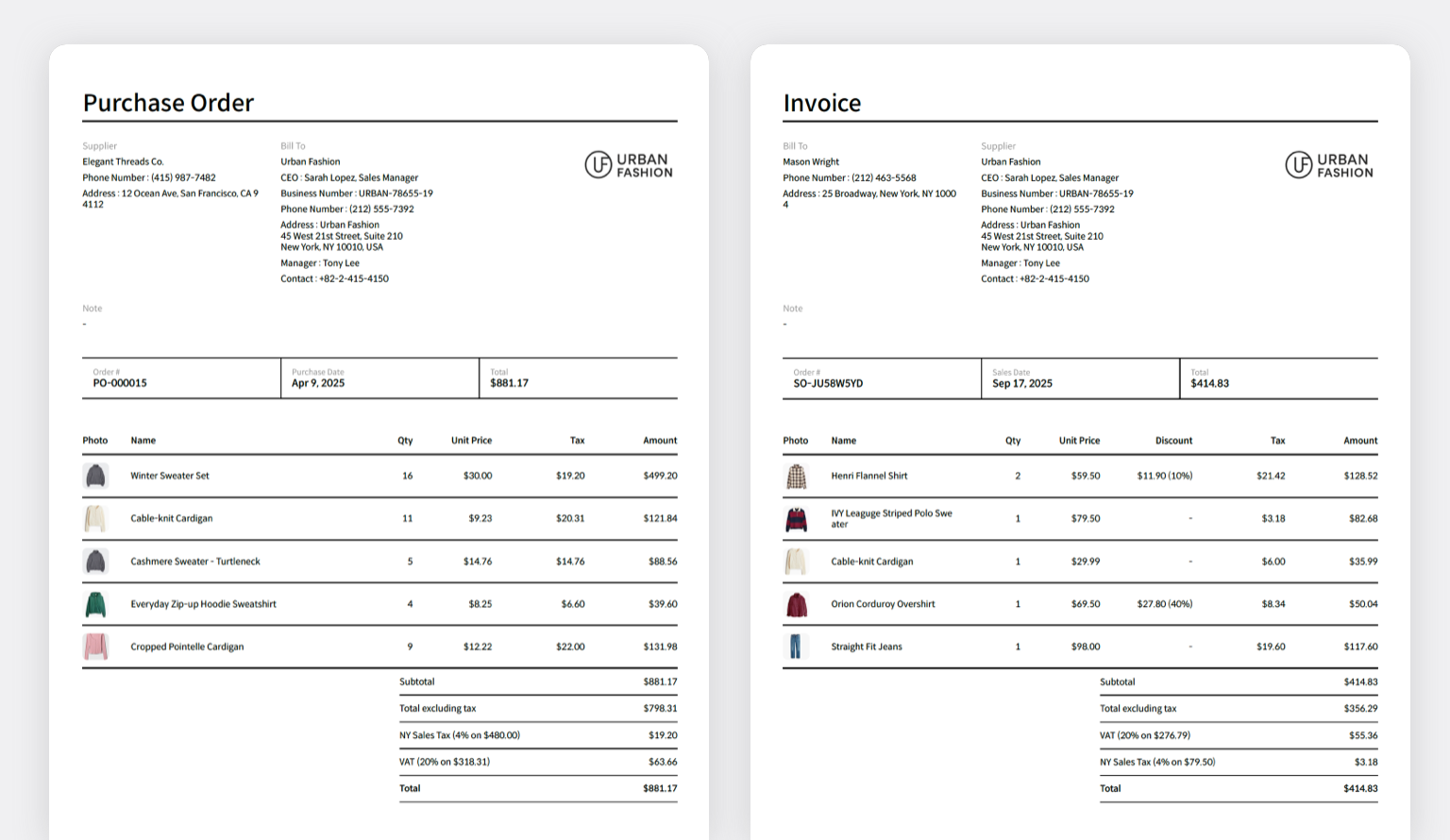 Purchase Order and Invoice PDF Screenshots by BoxHero