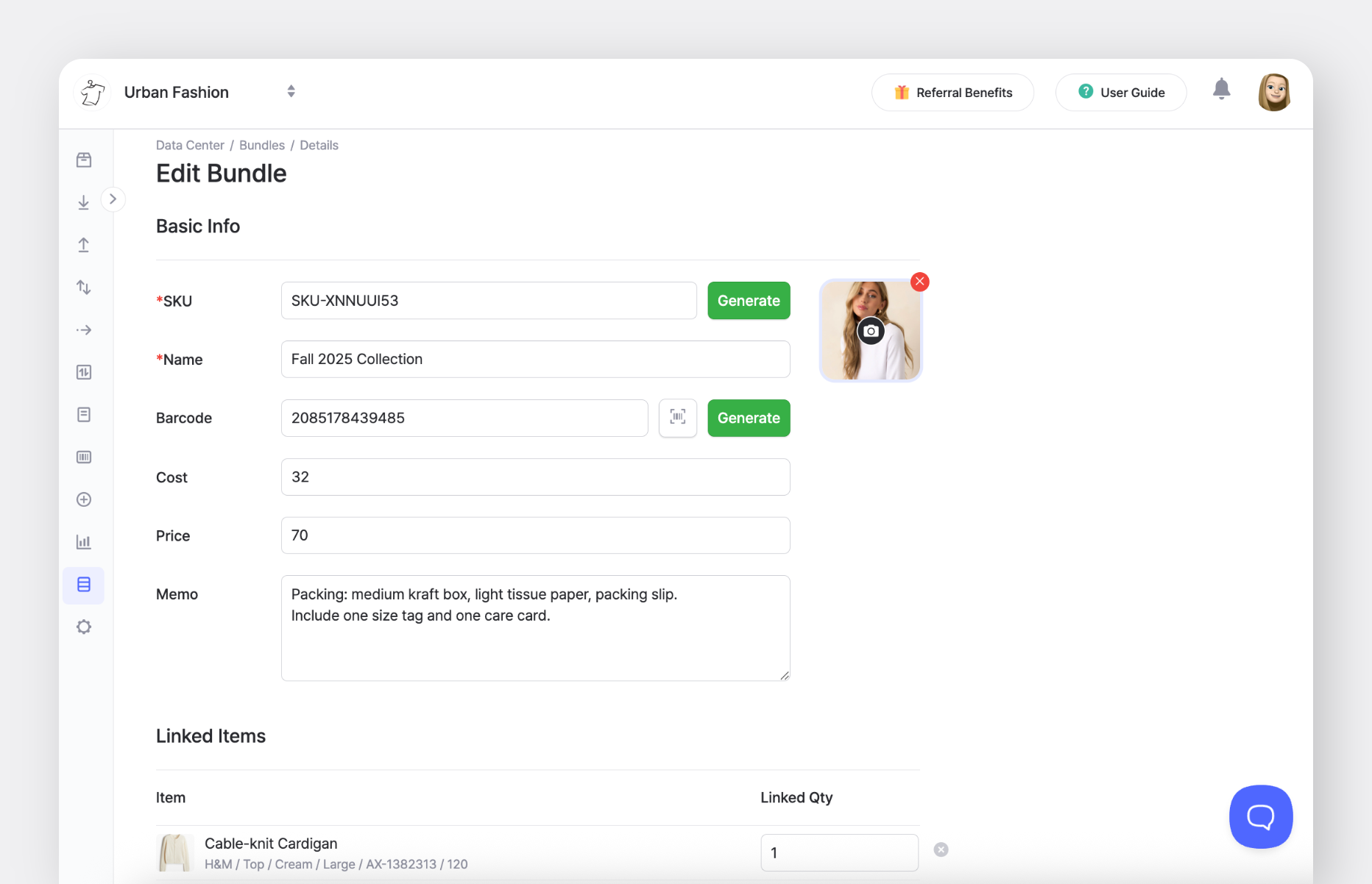 BoxHero bundle editing screen showing SKU, name, barcode, cost, price, memo, and option to upload a custom photo for the bundle.