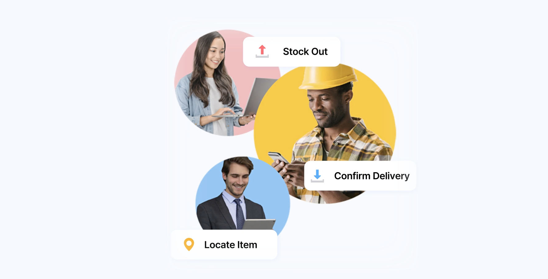 Team members collaborating on inventory management with BoxHero