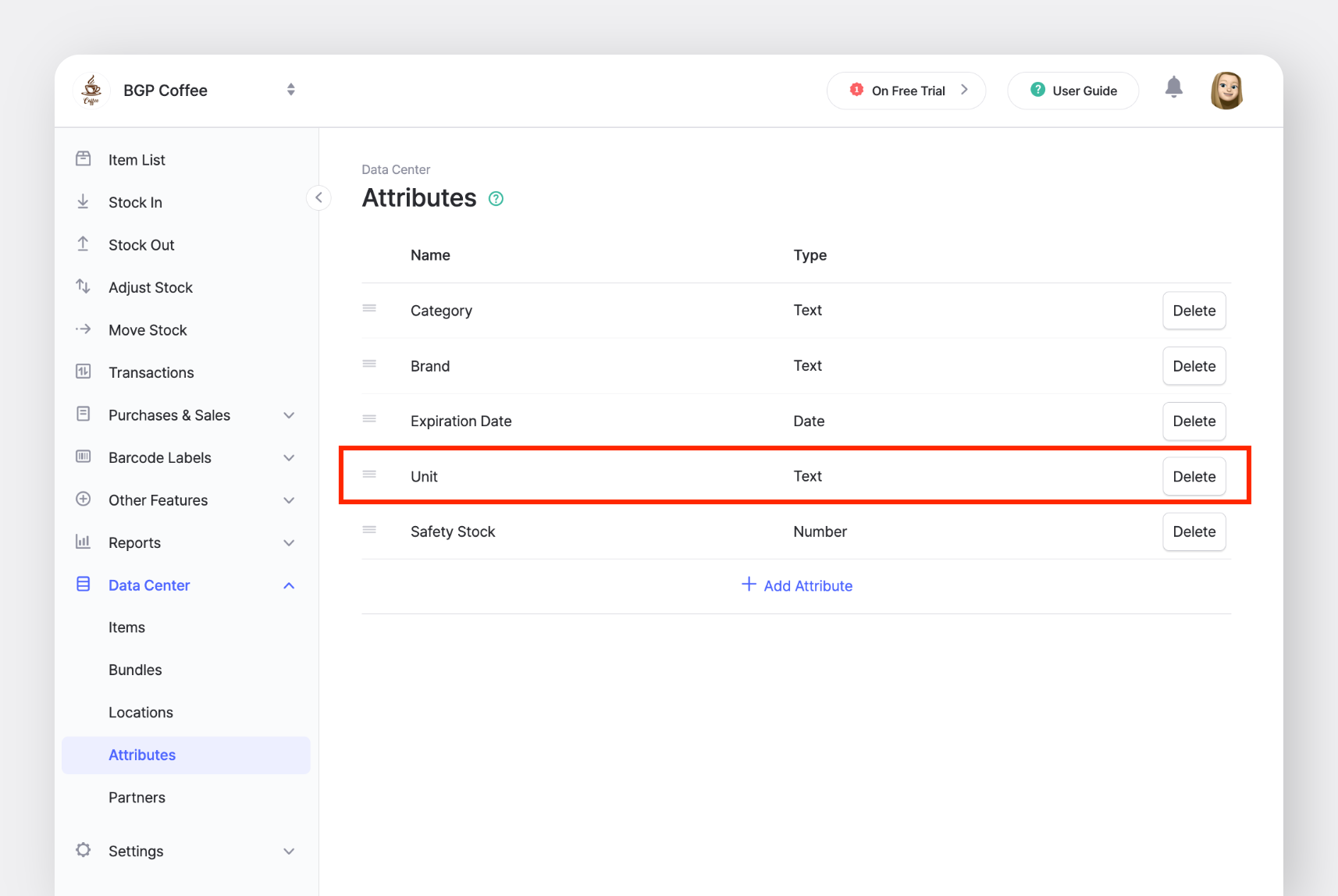 BoxHero Data Center > Attributes screen showing Unit set as a custom text attribute for inventory items.