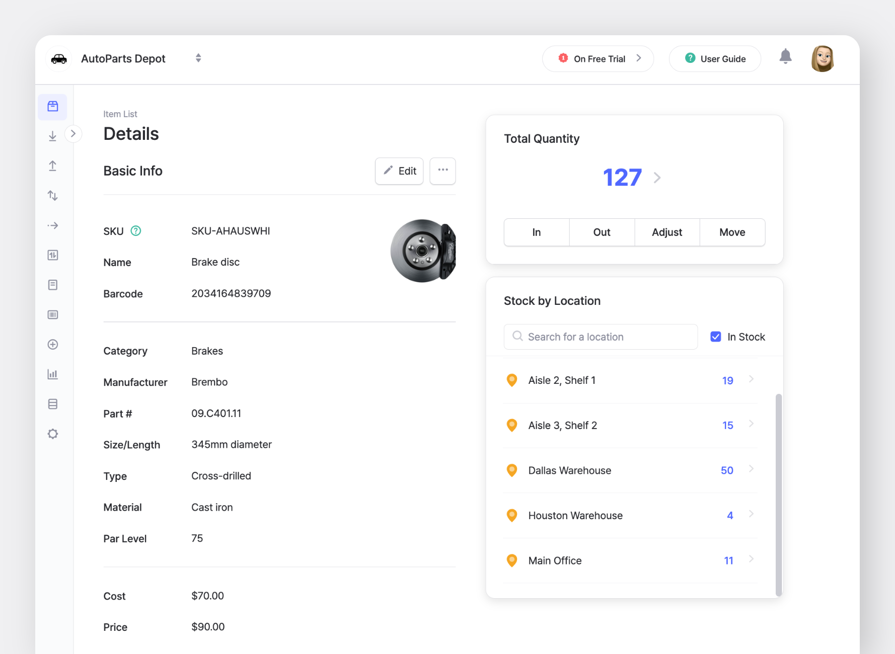 BoxHero item details page for a brake disc, displaying SKU, barcode, size in millimeters, and stock by location.