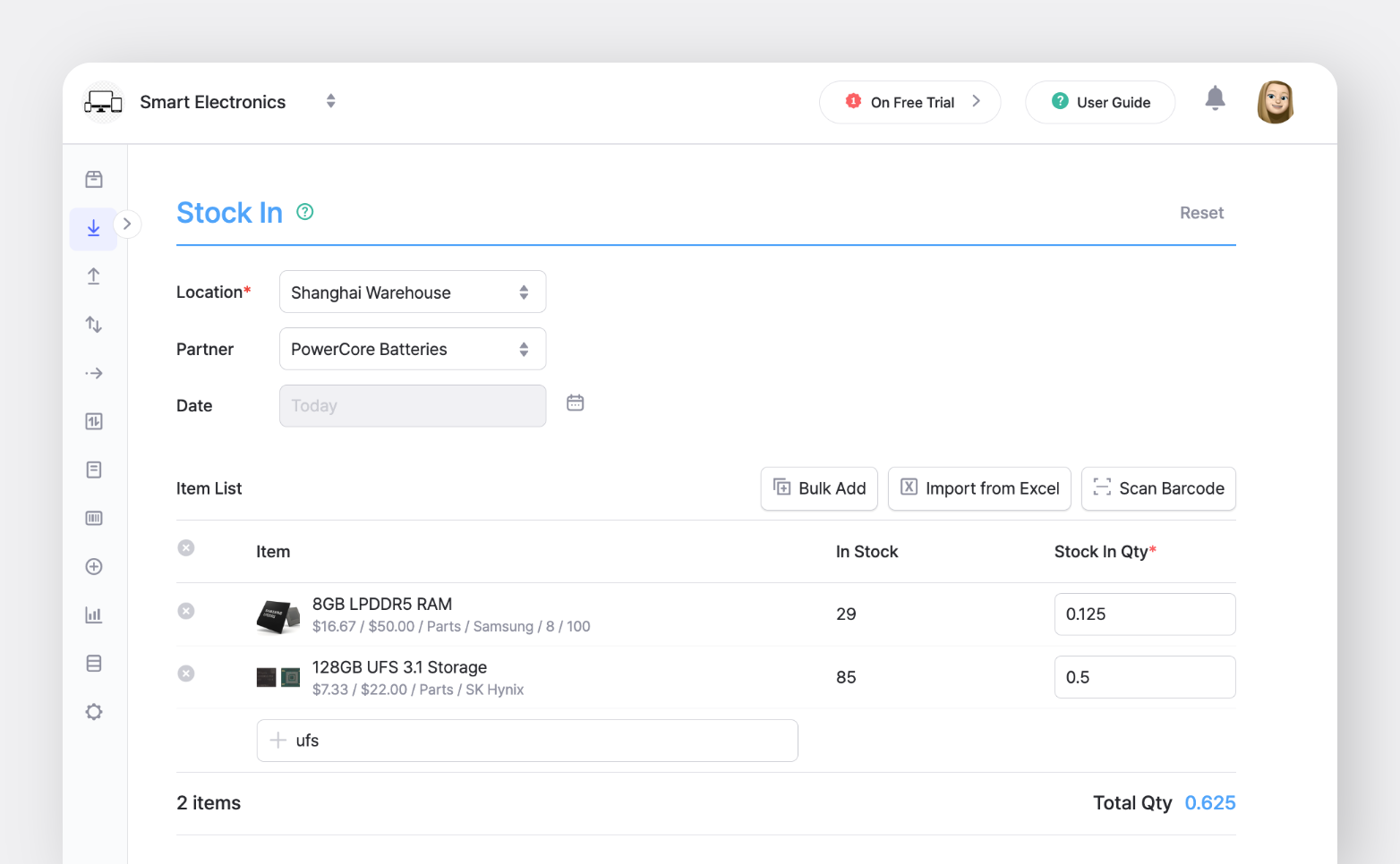 BoxHero Stock In screen for Smart Electronics, showing bulk materials like RAM and storage chips entered in decimal quantities.