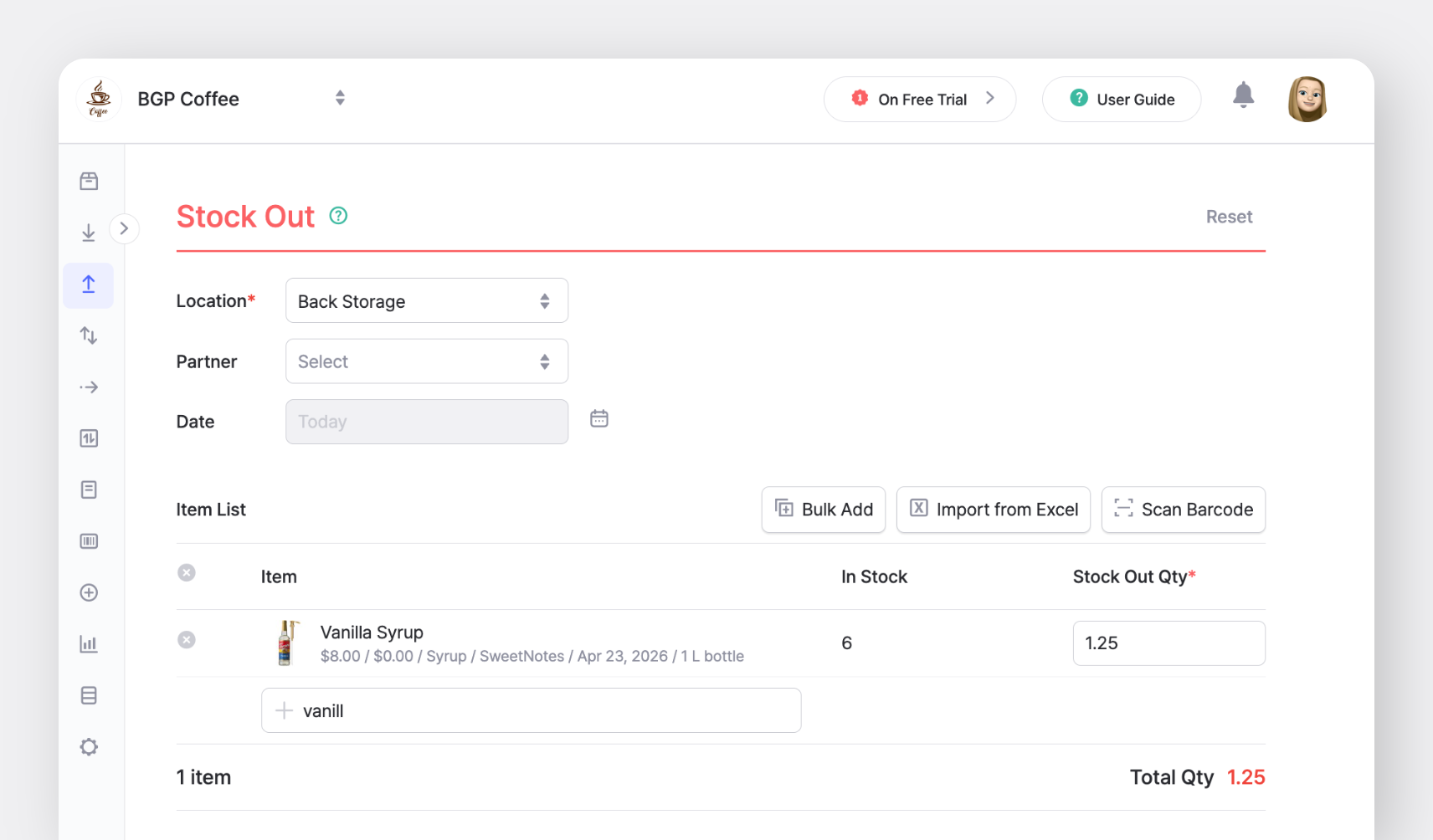BoxHero Stock Out screen for vanilla syrup, logging 1.25 liters removed from inventory with decimal quantity tracking.