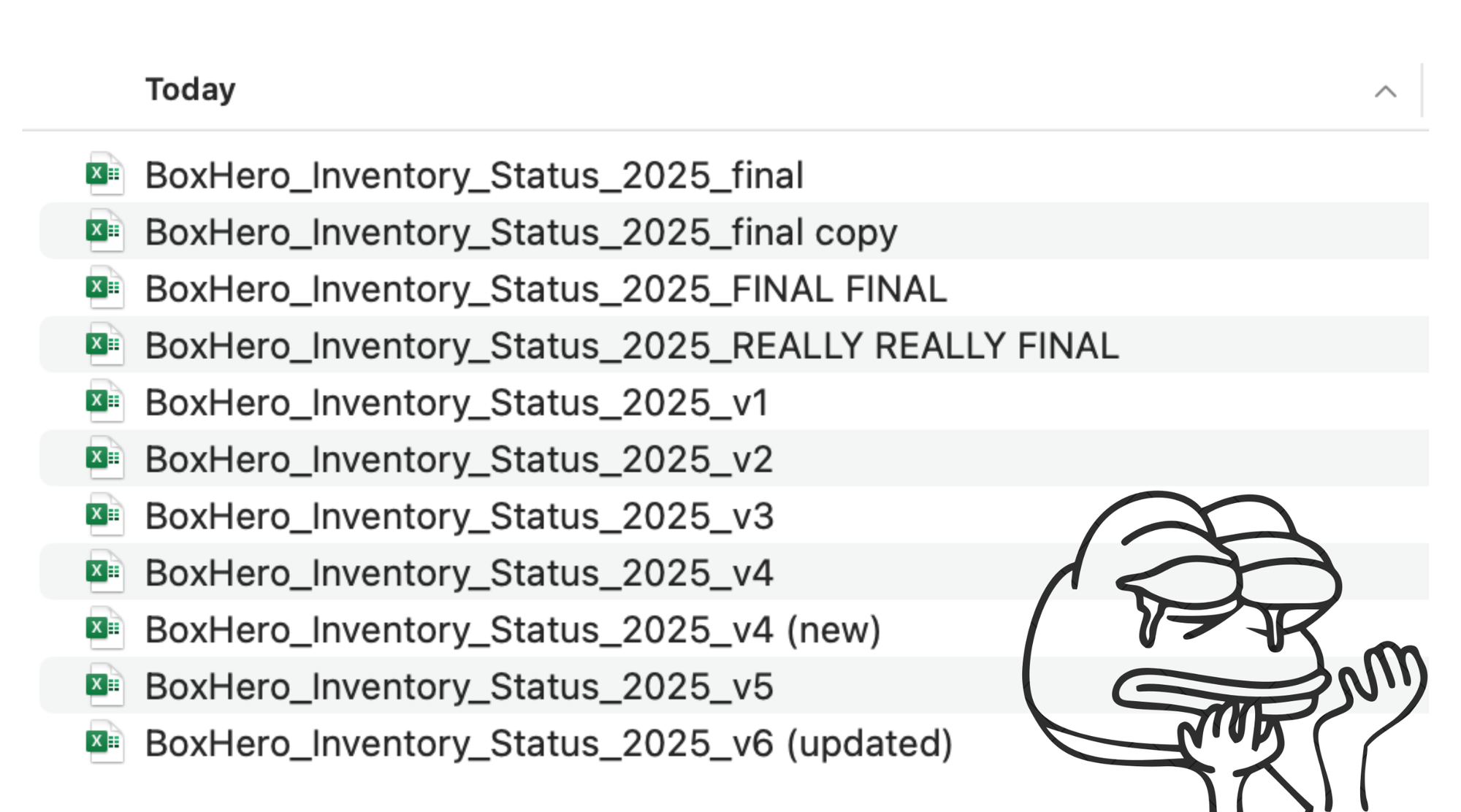 Screenshot of multiple Excel files with different versions and funny meme illustration showing frustration with duplicate files