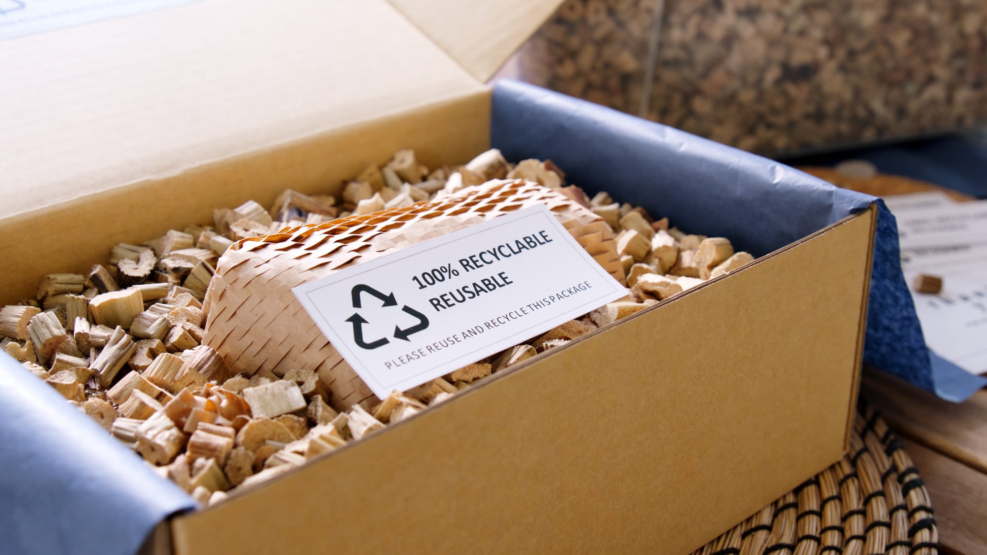 Open cardboard box filled with recyclable packing materials and a label reading “100% recyclable reusable."