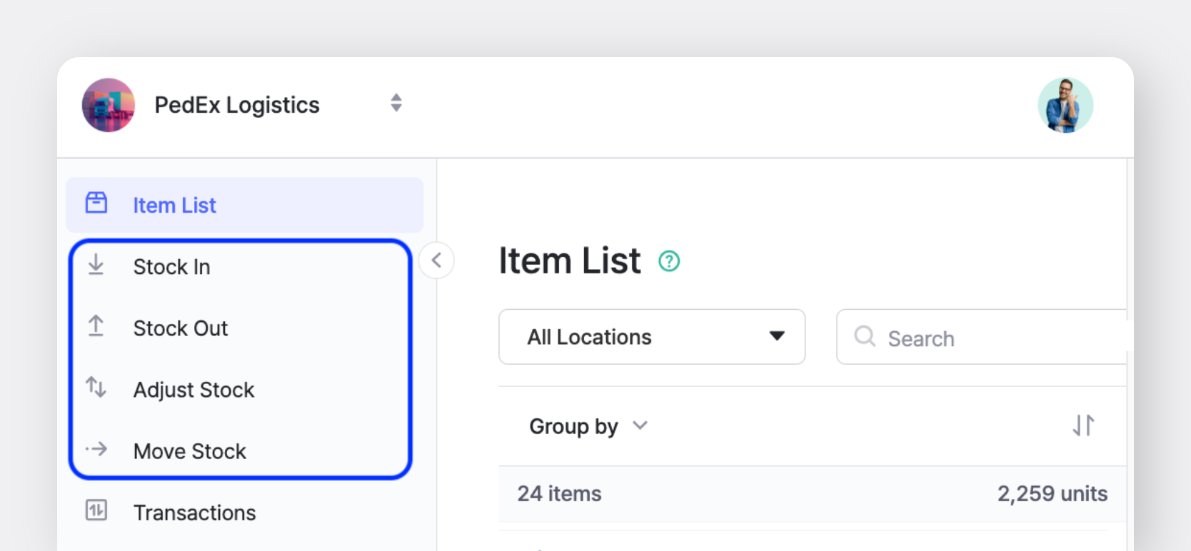 BoxHero inventory management solution sidebar, including Stock In, Stock Out, Adjust Stock, and Move Stock transactions.