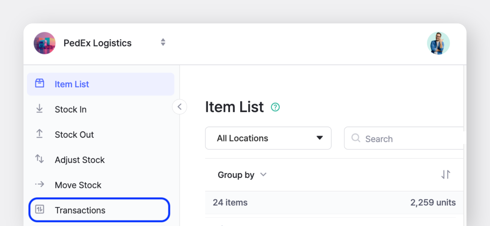 BoxHero inventory management solution sidebar highlighting "Transactions" menu for recording past inventory transaction history.