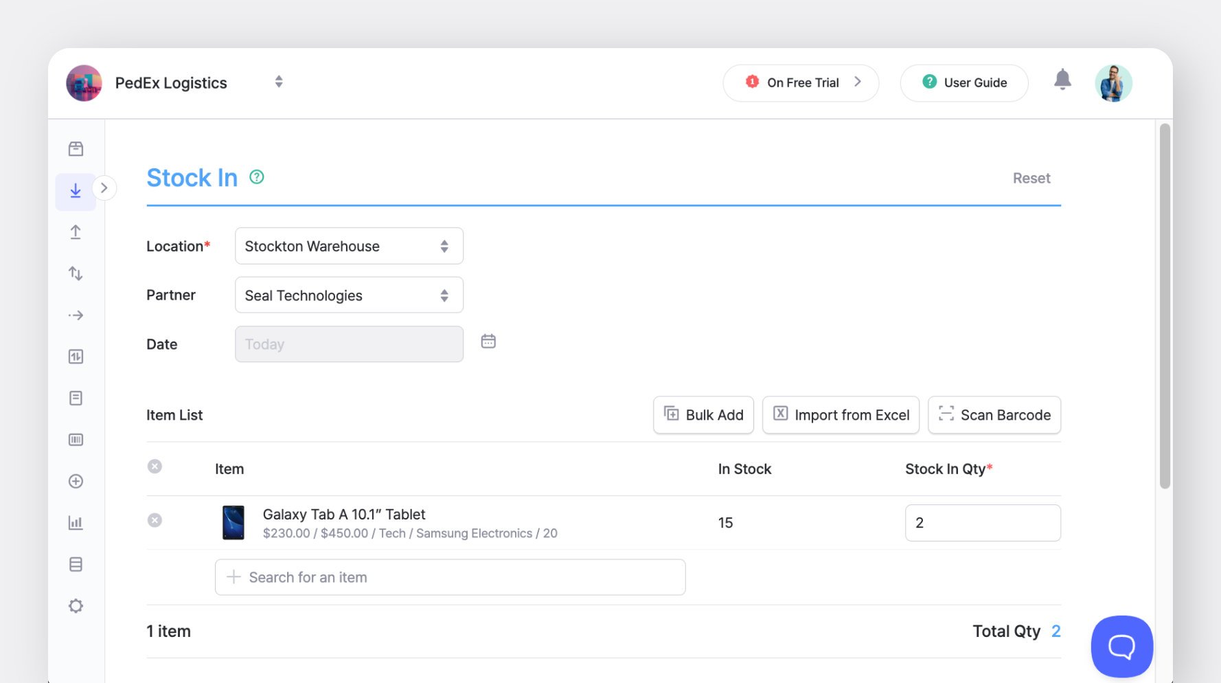 BoxHero "Stock In" transaction interface for adding new inventory to a Warehouse.