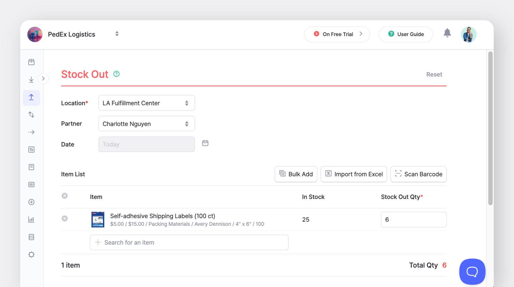 BoxHero "Stock Out" transaction interface for processing inventory out of a fulfillment center. 