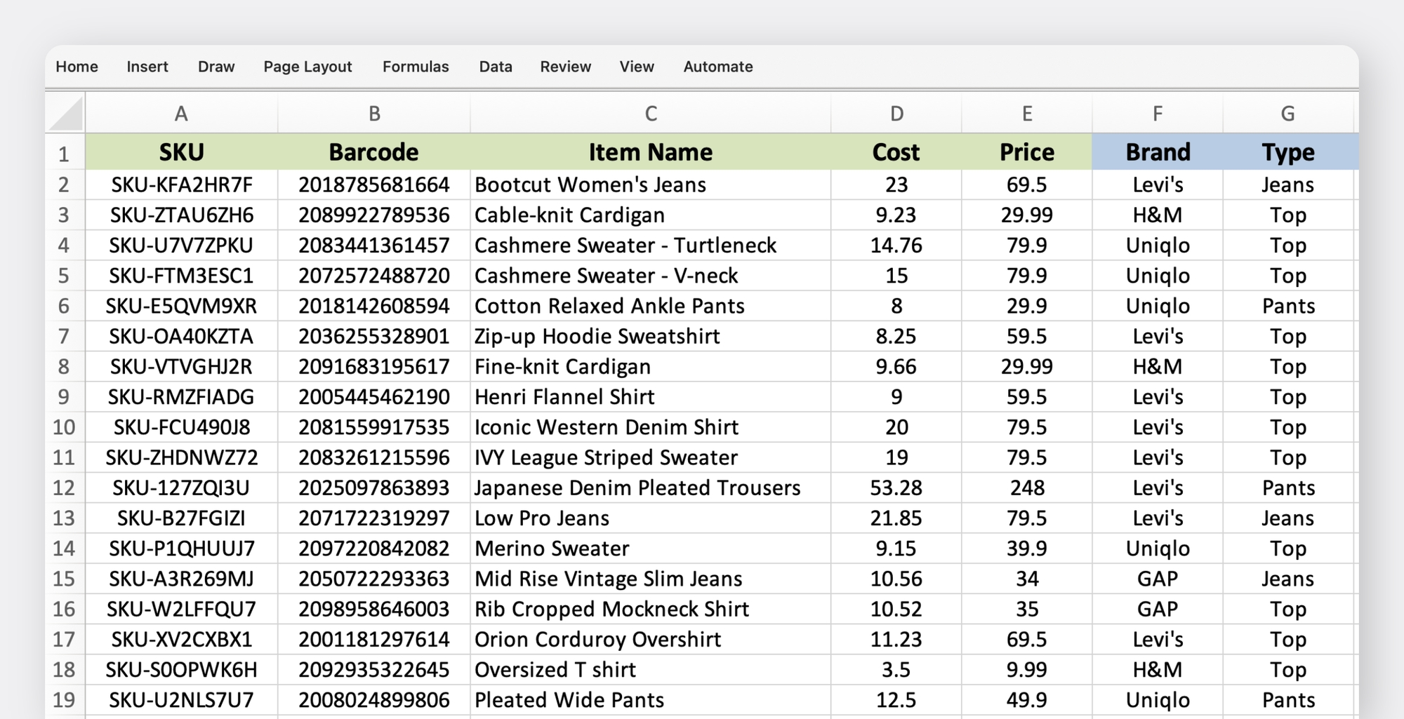 Excel inventory sheet listing SKUs, barcodes, item names, costs, prices, brands, and item types for clothing products such as jeans, sweaters, and shirts