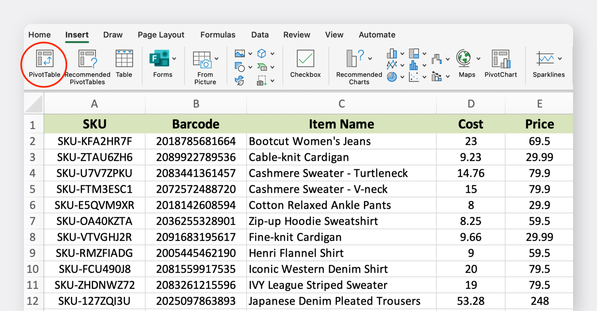 Excel spreadsheet with inventory data including SKU, barcode, item name, cost, and price, with the PivotTable option highlighted in the Insert menu