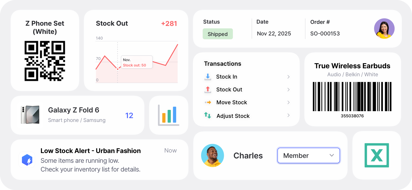 BoxHero inventory management features, stock control dashboard, small business toolsDashboard view in the BoxHero app showing multiple features and tools like low stock alerts and shipment status.