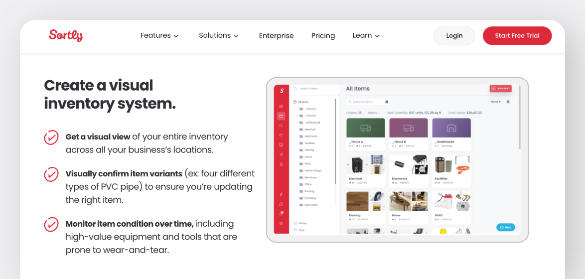 Sortly visual inventory system dashboard with item folders and product images for equipment tracking.