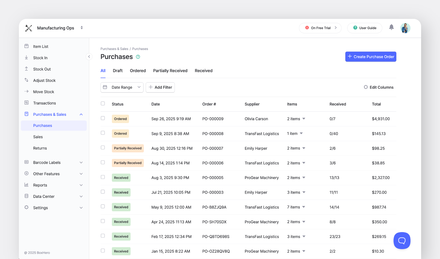 BoxHero Purchases & Sales dashboard showing a list of purchase orders with status labels for Draft, Ordered, Partially Received, and Received
